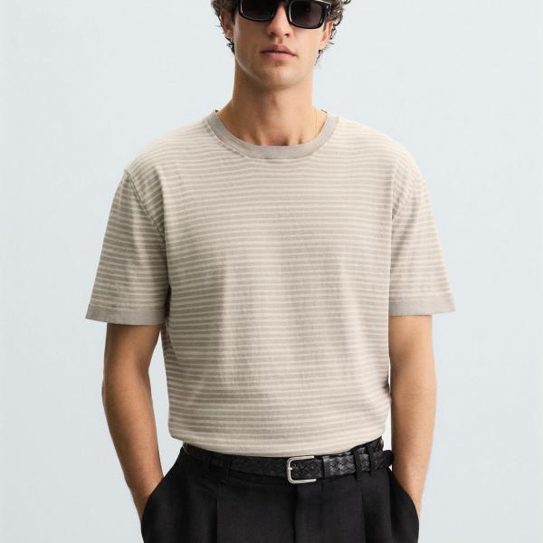 STRIPED KNITTED COTTON-LINEN T-SHIRT