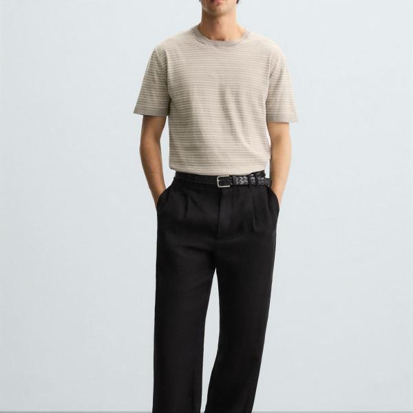 STRIPED KNITTED COTTON-LINEN T-SHIRT