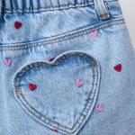 HIGH-WAIST DENIM BERMUDA SHORTS WITH EMBROIDERED HEARTS
