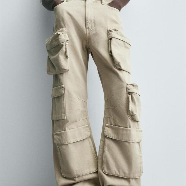 DENIM CARGO TROUSERS WITH POCKETS