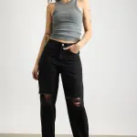 all black distress women's slouchy jeans