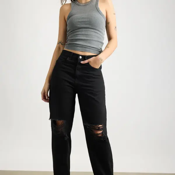 all black distress women's slouchy jeans