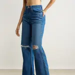 clean blue distress women's wide jeans