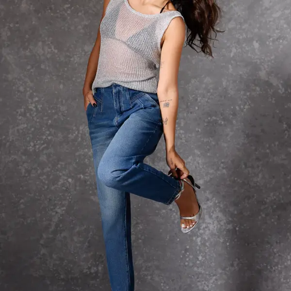 dark blue darted women's slouchy jeans