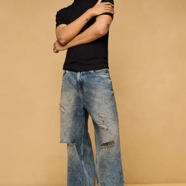 mid blue acid wash ripped men's wide leg jeans