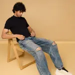 mid blue acid wash ripped men's wide leg jeans