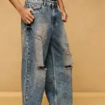 mid blue acid wash ripped men's wide leg jeans