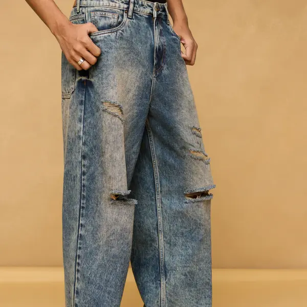 mid blue acid wash ripped men's wide leg jeans