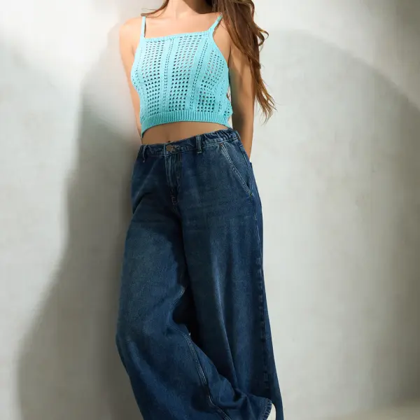 100% Cotton Denim Low-Rise Wide Leg Pants