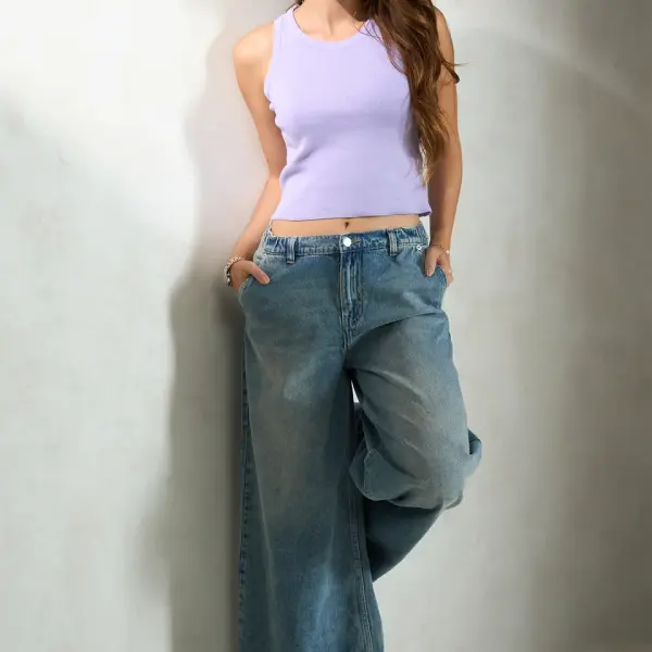 100% Cotton Denim Wide Leg Low Rise Pants