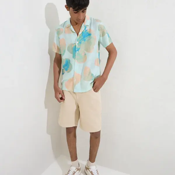 Kids Blue Floral Design Resort-Fit Shirt