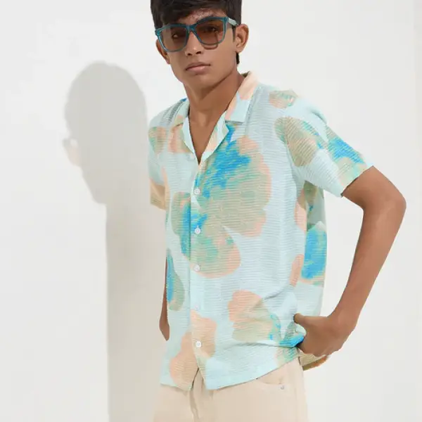 Kids Blue Floral Design Resort-Fit Shirt