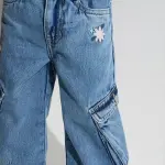 Kids Blue Cargo-Style Straight Fit Mid-Rise Jeans