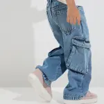 Kids Blue Cargo-Style Straight Fit Mid-Rise Jeans
