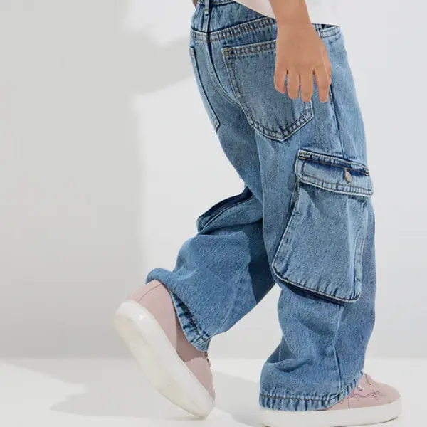 Kids Blue Cargo-Style Straight Fit Mid-Rise Jeans