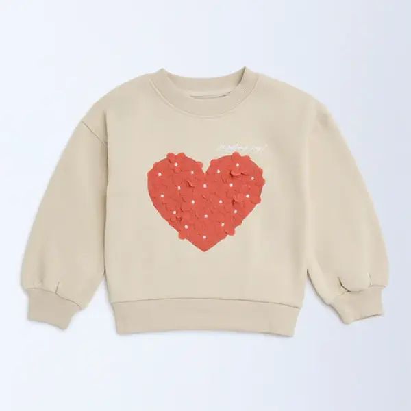 Kids Beige Heart Design Cotton-Blend Sweatshirt