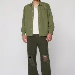olive green men’s long sleeve utility shacket