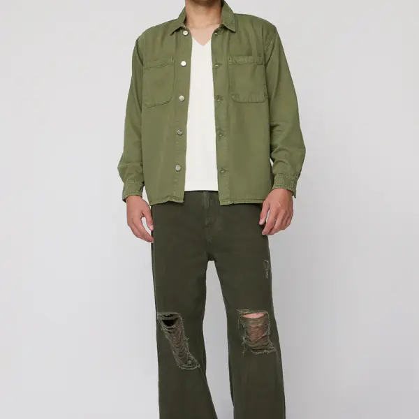 olive green men’s long sleeve utility shacket