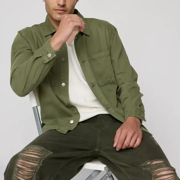 olive green men’s long sleeve utility shacket