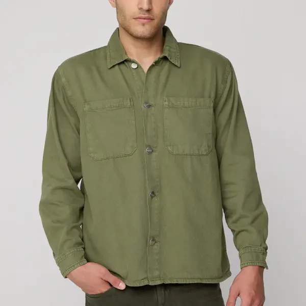 olive green men’s long sleeve utility shacket