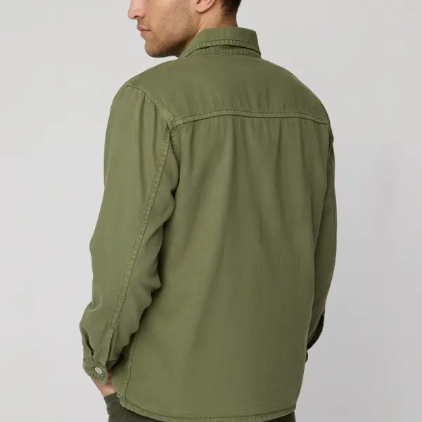 olive green men’s long sleeve utility shacket