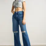 clean blue distress women's wide jeans