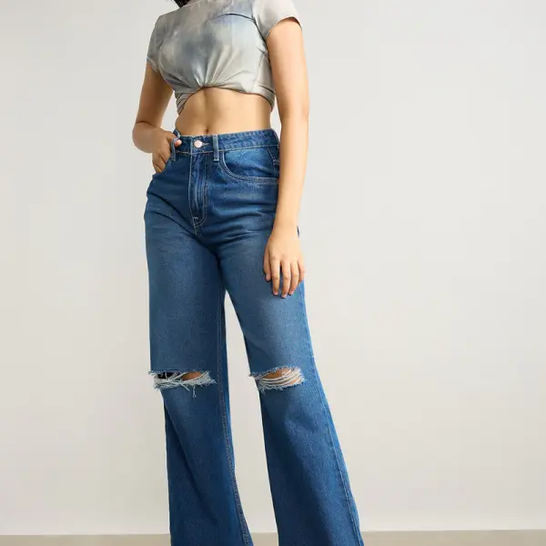 clean blue distress women's wide jeans