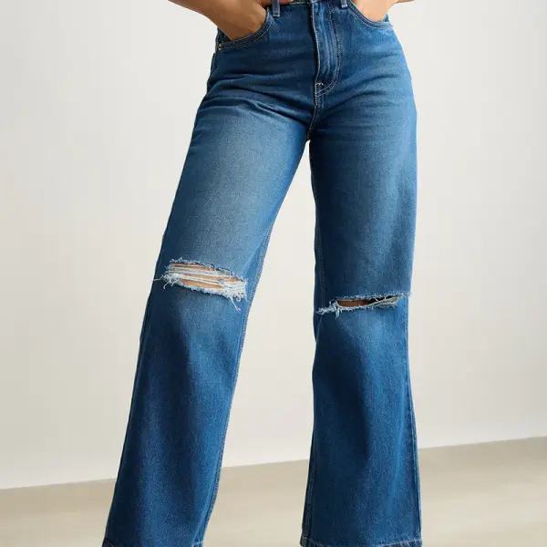 clean blue distress women's wide jeans