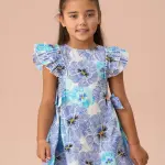 Blue Side Bow Shirred Panel Dress