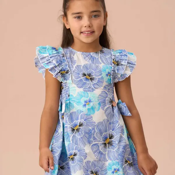 Blue Side Bow Shirred Panel Dress