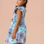 Blue Side Bow Shirred Panel Dress