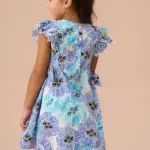 Blue Side Bow Shirred Panel Dress