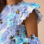 Blue Side Bow Shirred Panel Dress