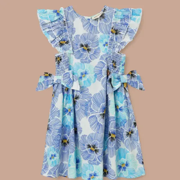 Blue Side Bow Shirred Panel Dress