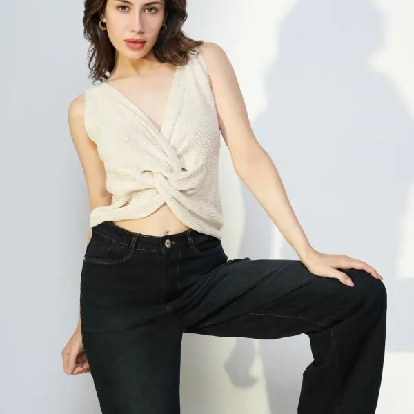 Women's Cream V-Neck Sleeveless Twisted Crop Top