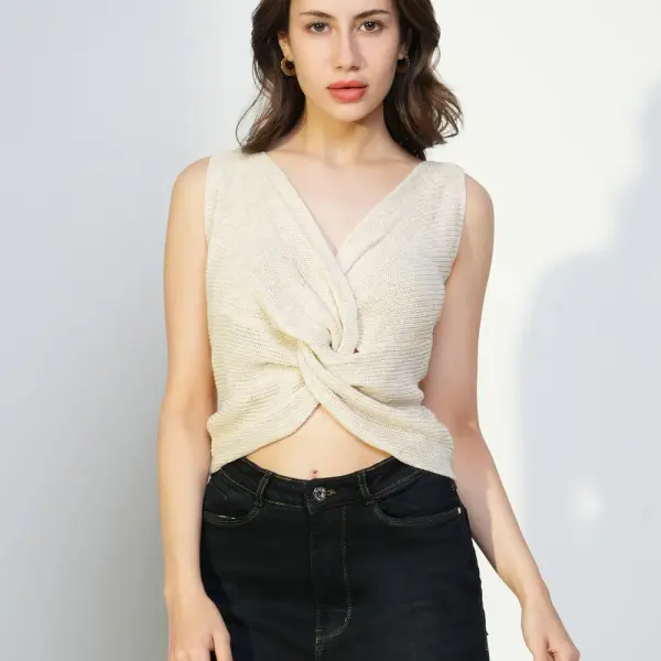 Women's Cream V-Neck Sleeveless Twisted Crop Top