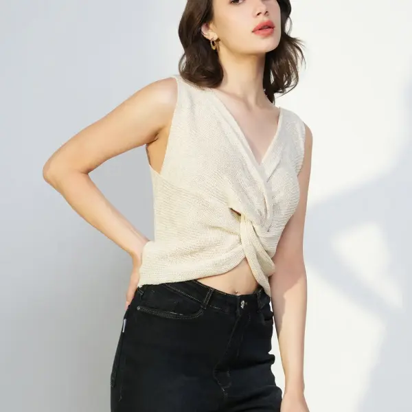 Women's Cream V-Neck Sleeveless Twisted Crop Top