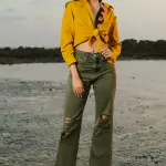 olive distressed women's wide jeans