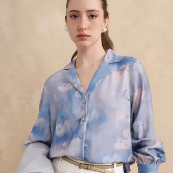 LAPEL NECK FLORAL PRINT TOP SETECANNET - BLUE