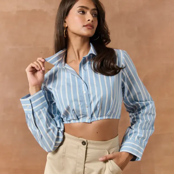 Marion White & Blue Striped Crop Shirt