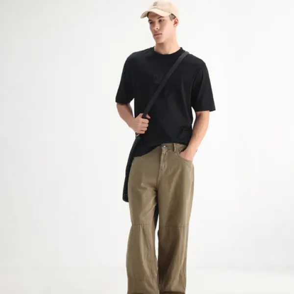 BAGGY FIT MID WASH SOLID DENIM NIOT - KHAKI