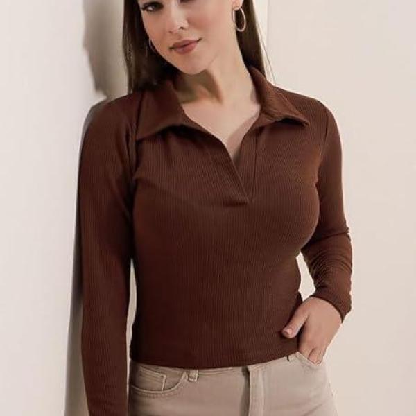 Women’s Collared Neck Long Sleeve Slim Fit Casual Tee Top