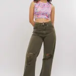 olive distressed women's wide jeans