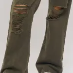 olive distressed women's wide jeans