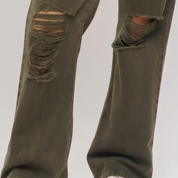 olive distressed women's wide jeans