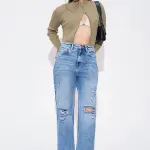 distressed edge straight fit jeans