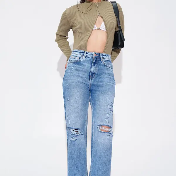 distressed edge straight fit jeans