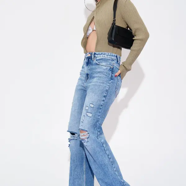 distressed edge straight fit jeans