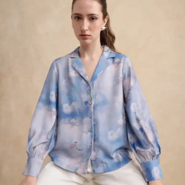 LAPEL NECK FLORAL PRINT TOP SETECANNET - BLUE