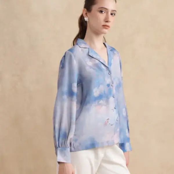 LAPEL NECK FLORAL PRINT TOP SETECANNET - BLUE